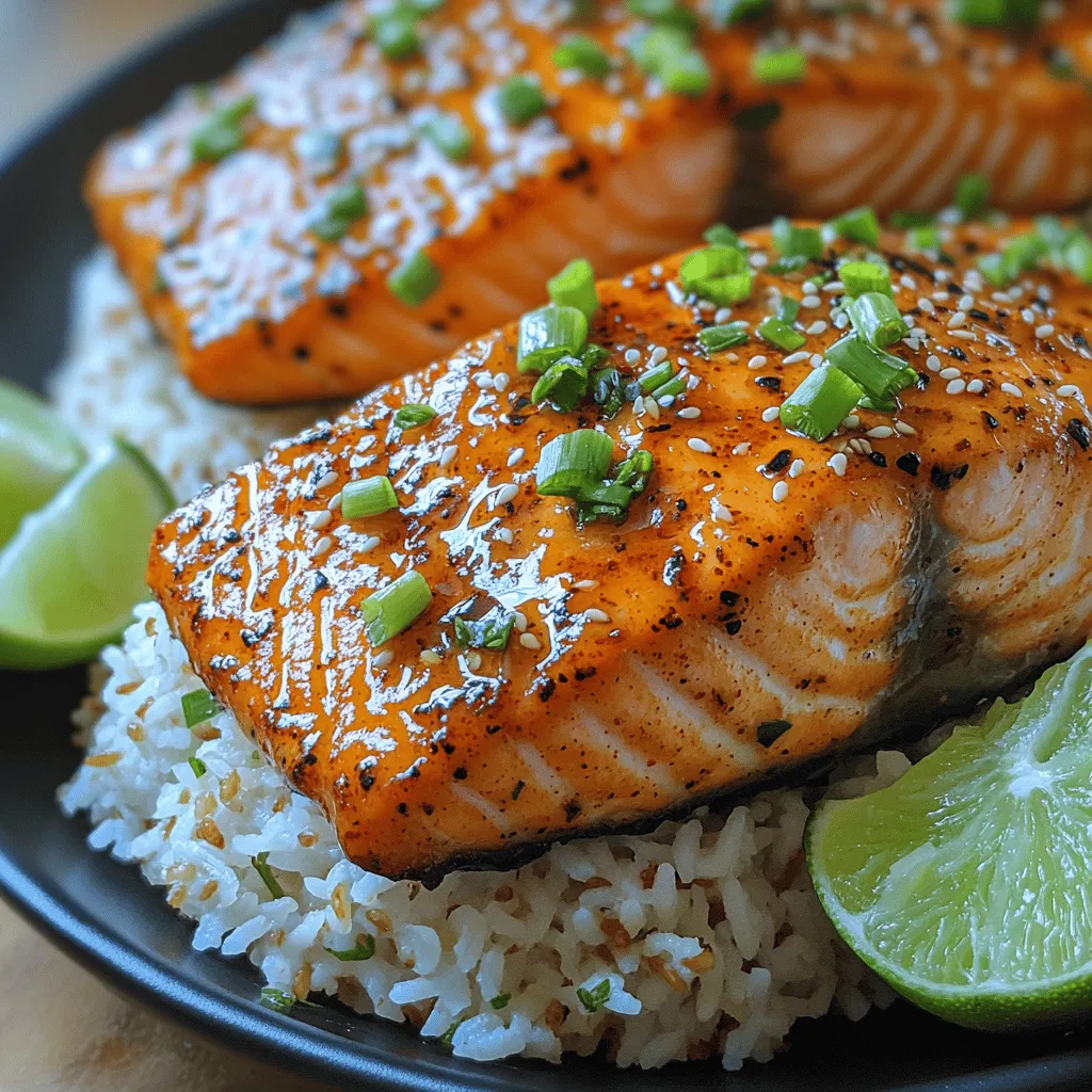 Sweet Chili Glazed Salmon with Fluffy Coconut Rice is a vibrant dish that marries the rich, buttery flavor of salmon with a glossy, sweet-and-spicy glaze. This recipe is not just about taste—it's a feast for the eyes, with the salmon coated in a glistening sauce that beckons to be savored. The dish is a harmonious blend of sweet and savory, with the sweet chili glaze adding a delightful heat that perfectly complements the natural flavors of the fish. Paired with fluffy coconut rice, this meal transforms a simple dinner into an exotic culinary experience.