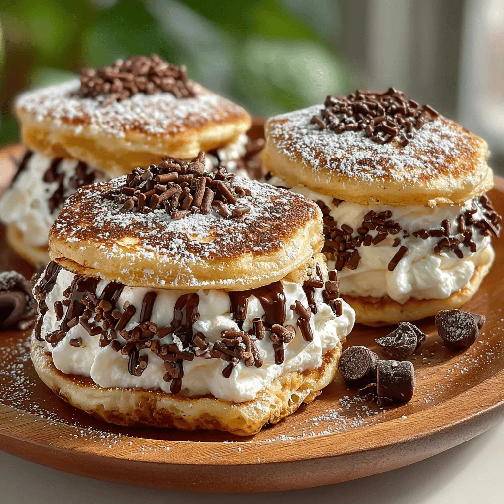 Mini Chocolate Chip Pancake Sandwiches are an irresistible treat that seamlessly blends the comfort of fluffy pancakes with a luscious creamy filling, making them an ideal choice for breakfast, brunch, or even a sweet dessert. These delightful sandwiches are not just a feast for the taste buds; they also have a charming presentation that can elevate any meal, whether it's a cozy family gathering or a festive celebration. The combination of warm pancakes and a rich filling is sure to bring smiles to the faces of both children and adults alike.