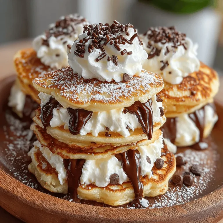 Mini Chocolate Chip Pancake Sandwiches are an irresistible treat that seamlessly blends the comfort of fluffy pancakes with a luscious creamy filling, making them an ideal choice for breakfast, brunch, or even a sweet dessert. These delightful sandwiches are not just a feast for the taste buds; they also have a charming presentation that can elevate any meal, whether it's a cozy family gathering or a festive celebration. The combination of warm pancakes and a rich filling is sure to bring smiles to the faces of both children and adults alike.