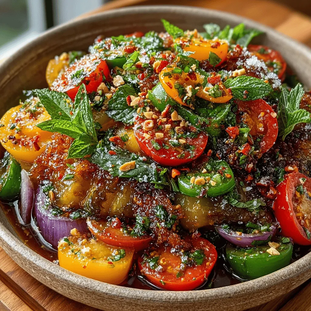 If you're seeking a salad that excites the palate and tantalizes the taste buds, look no further than the Spicy Hatch Chili Thai Eggplant Salad. This vibrant dish is a delightful fusion of flavors, combining the earthy sweetness of Thai eggplants with the fiery kick of Hatch green chiles. It's a culinary experience that celebrates the bold and fresh ingredients typical of Thai cuisine, making it an irresistible choice for salad lovers and anyone looking to elevate their meal.