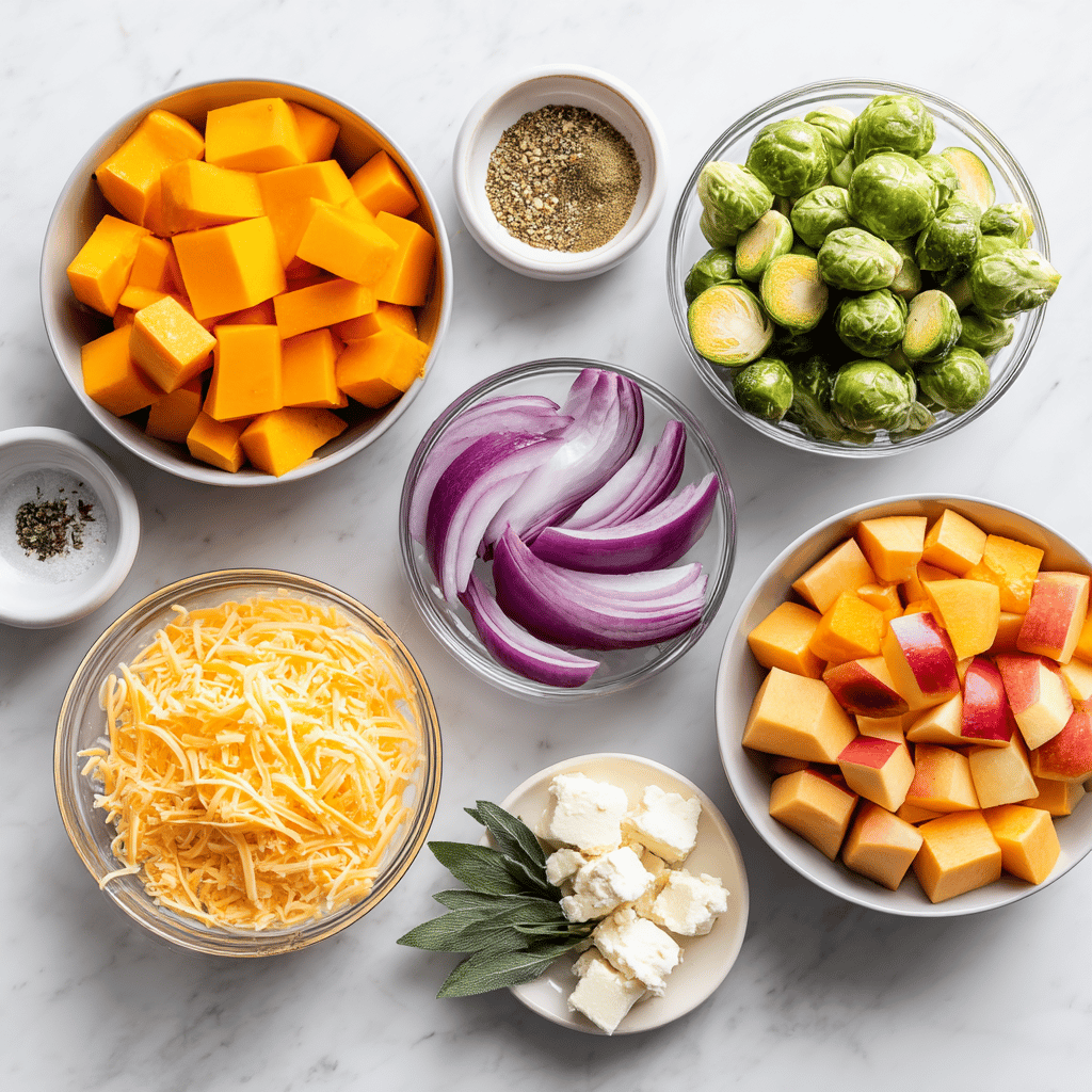 Ingredients for Cheesy Fall Harvest Sheet Pan Comfort with Apples and Sage