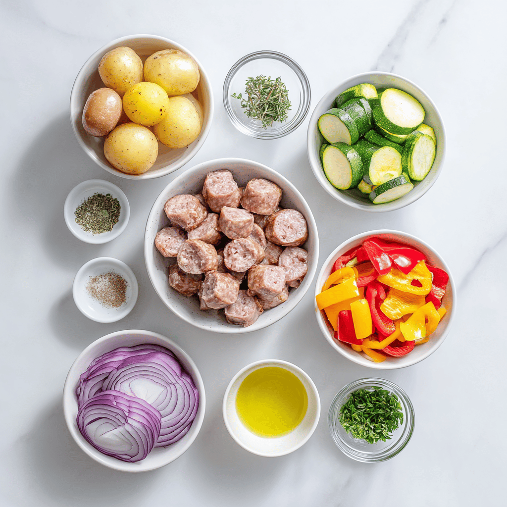 Ingredients for Sheet Pan Sausage & Veggie Medley