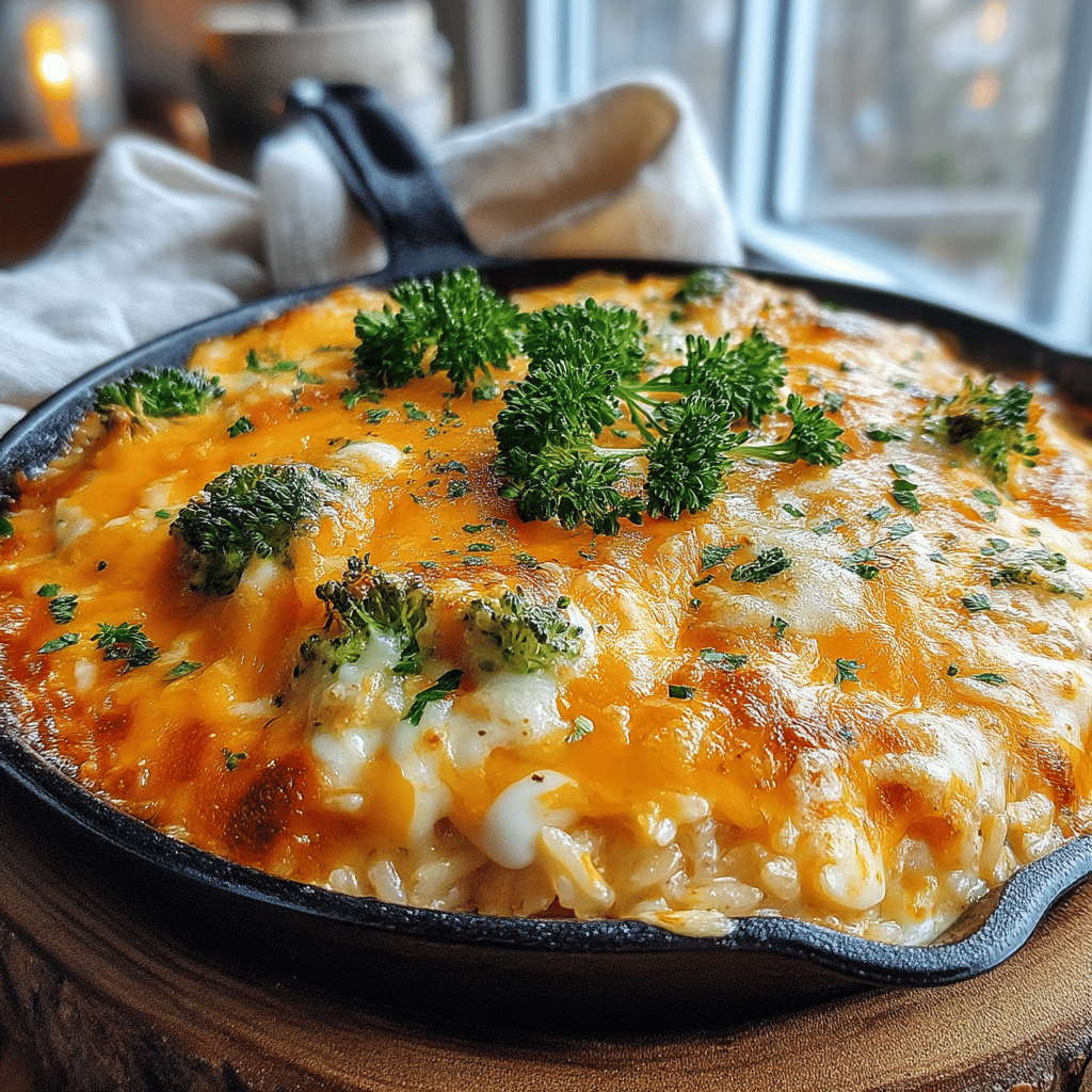 If you're searching for a comforting, hearty dish that combines wholesome ingredients and loads of flavor, look no further than this Skillet Cheesy Broccoli & Rice Bake. This one-pan wonder brings together tender broccoli florets, perfectly cooked rice, and an irresistible blend of cheeses, all baked to golden perfection. Perfect for busy weeknights or as a delightful side dish for your family gatherings, this recipe not only satisfies the taste buds but also packs in essential nutrients, making it a winner for both kids and adults alike.