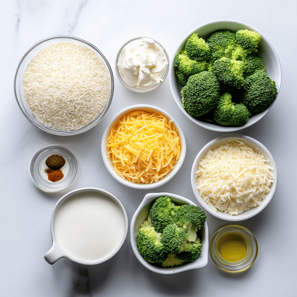 Ingredients for Skillet Cheesy Broccoli & Rice Bake